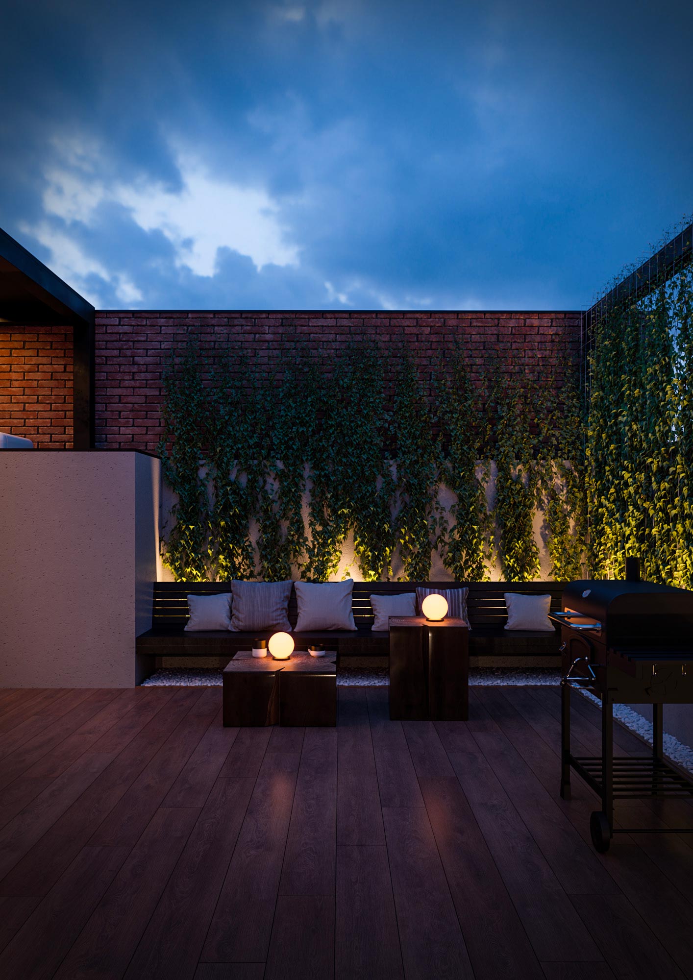 Ontwerper Ibrohim Karimov heeft voor dit luxe terras gekozen voor mooie klimplanten achter de loungebank.