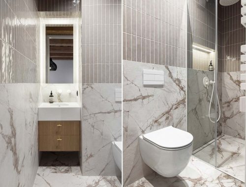 Super mooie badkamer met een bijpassend modern hangtoilet, gecombineerd met marmeren tegels. Klik hier voor de hele binnenkijker.