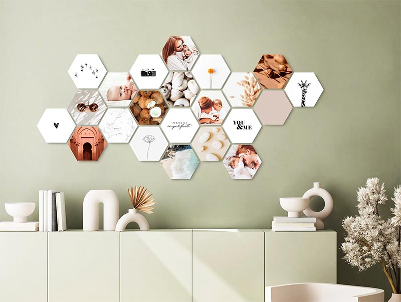 hexagon foto plakken aan muur