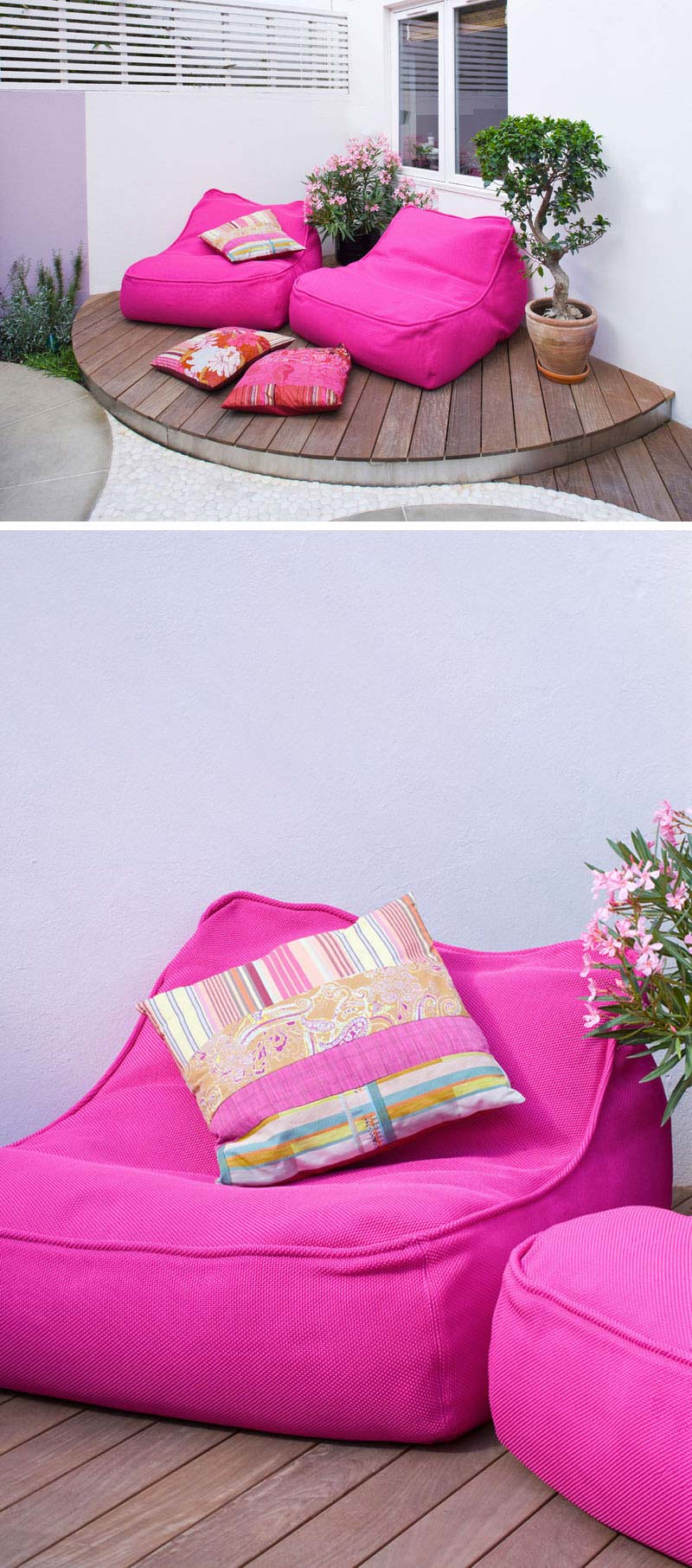 ibiza tuin verhoogde loungehoek roze lounge chairs