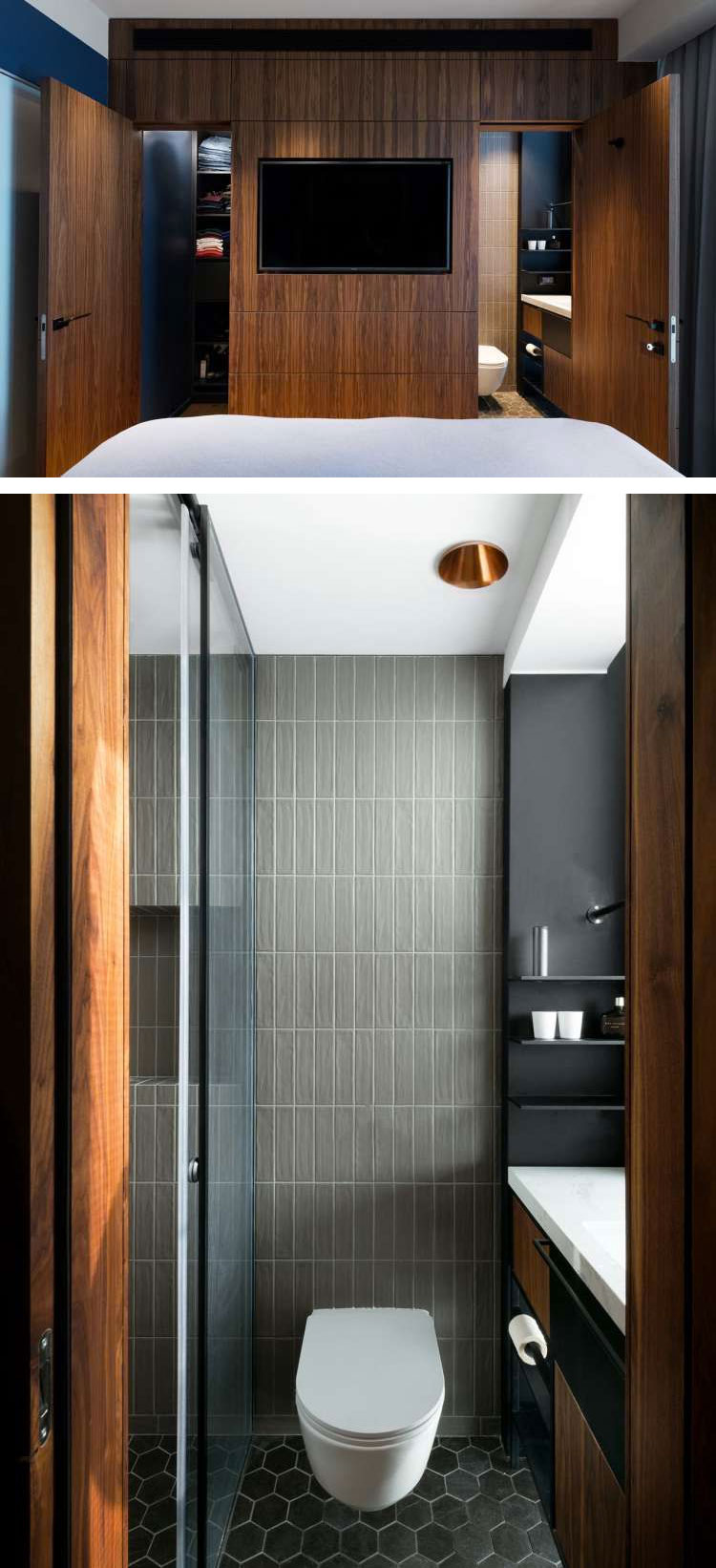 Interieur- en architectenbureau RUST ontwierp deze slaapkamer met ensuite badkamer en inloopkast.