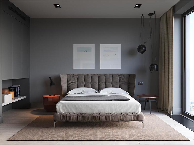 De Flos Aim hanglamp is in deze mooie moderne slaapkamer, ontworpen door Denis Bespalov, in de hoek boven net nachtkastje opgehangen.