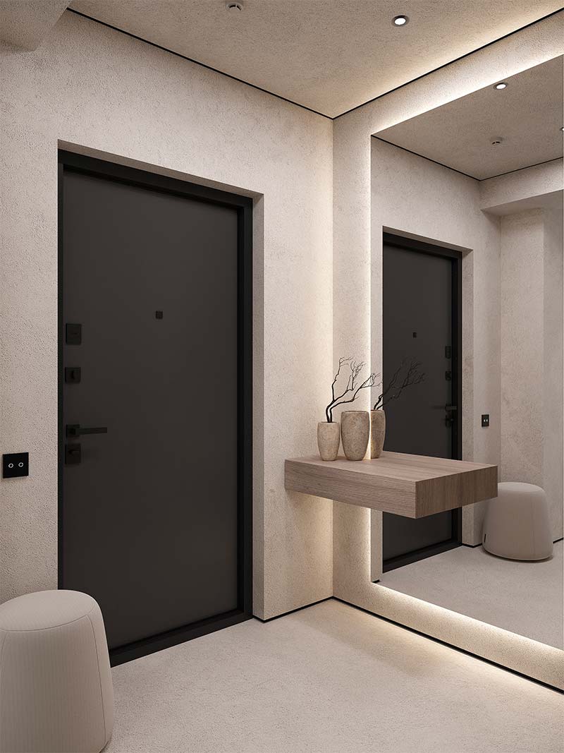 Het ontwerp van deze luxe hal in Japandi stijl met microcement vloer en wanden is gemaakt door Larisa Rezvanova. De grote spiegel met led-verlichting past ook perfect bij de sfeer en stijl.