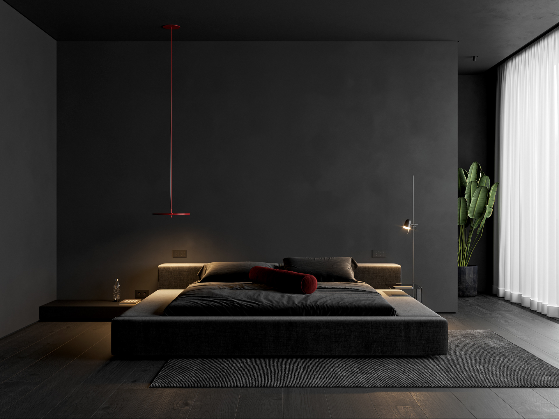 De zwarte vloer, met de brede planken geven de slaapkamer heel veel sfeer en warmte.