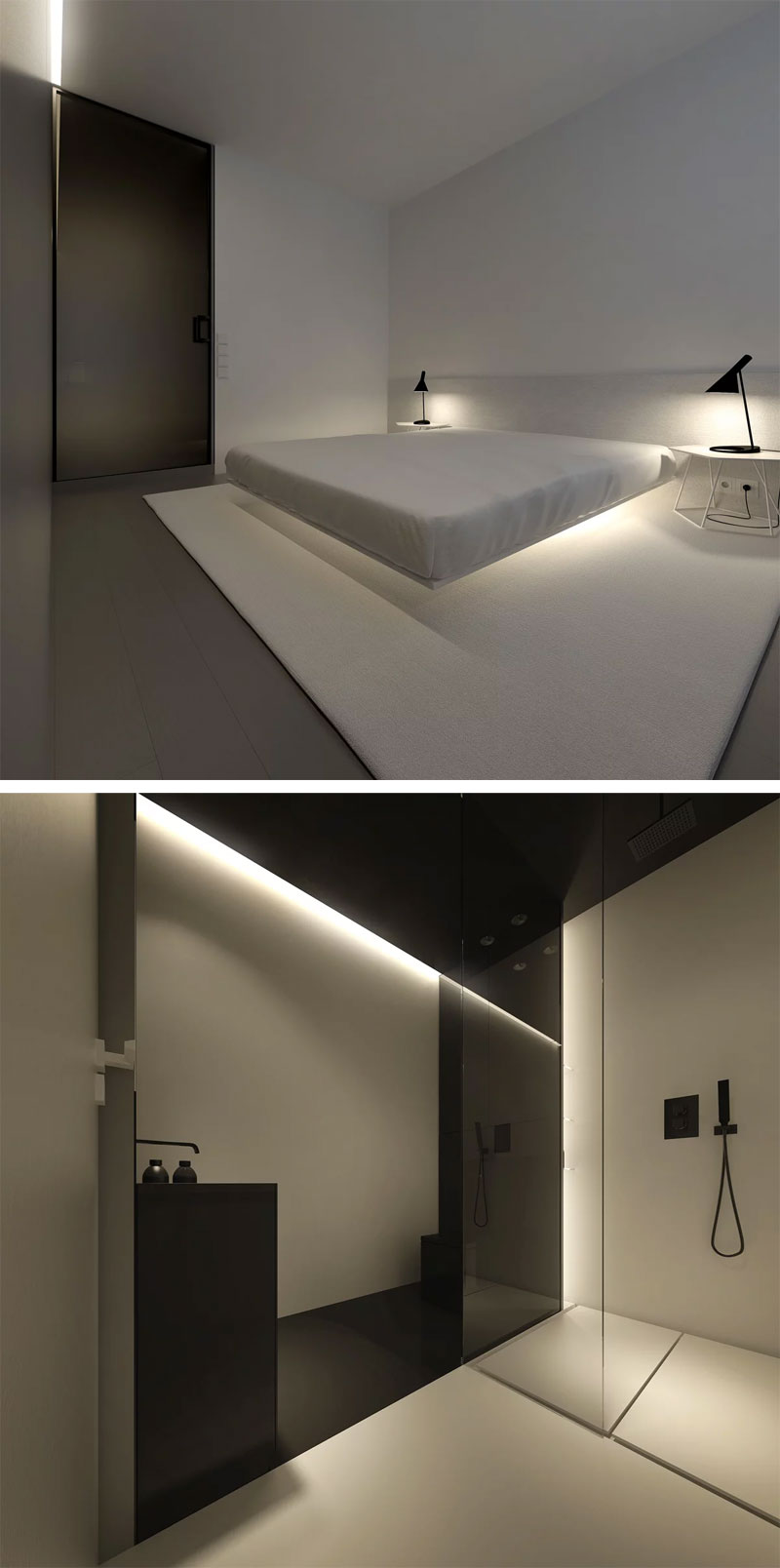 Oporski Architektura heeft deze minimalistische slaapkamer ontworpen, met een luxe ensuite badkamer in dezelfde stijl.