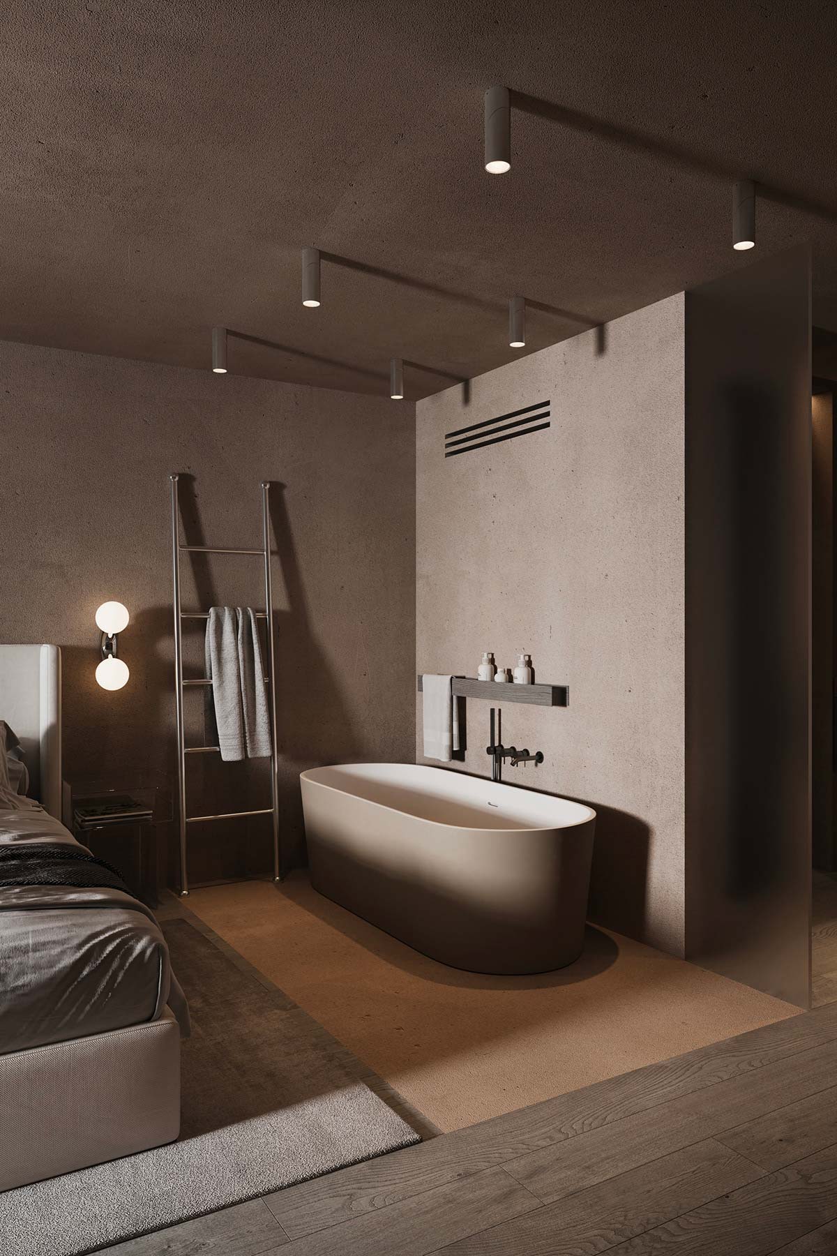 Ontwerper Anna Lutaeva heeft gekozen voor een modern vrijstaand bad in ovaal vorm met een taupe kleur die past bij de rest van de slaapkamer kleuren.