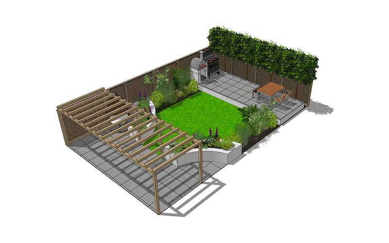 Dit leuke tuinontwerp heeft een groen gazon, een schaduw gedeelte met houten pergola en een betegeld terras met eethoek en BBQ - gemaakt met Sketchup.