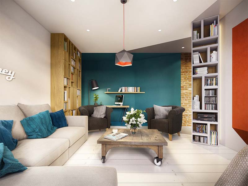 turquoise muur kleur accentmuur woonkamer