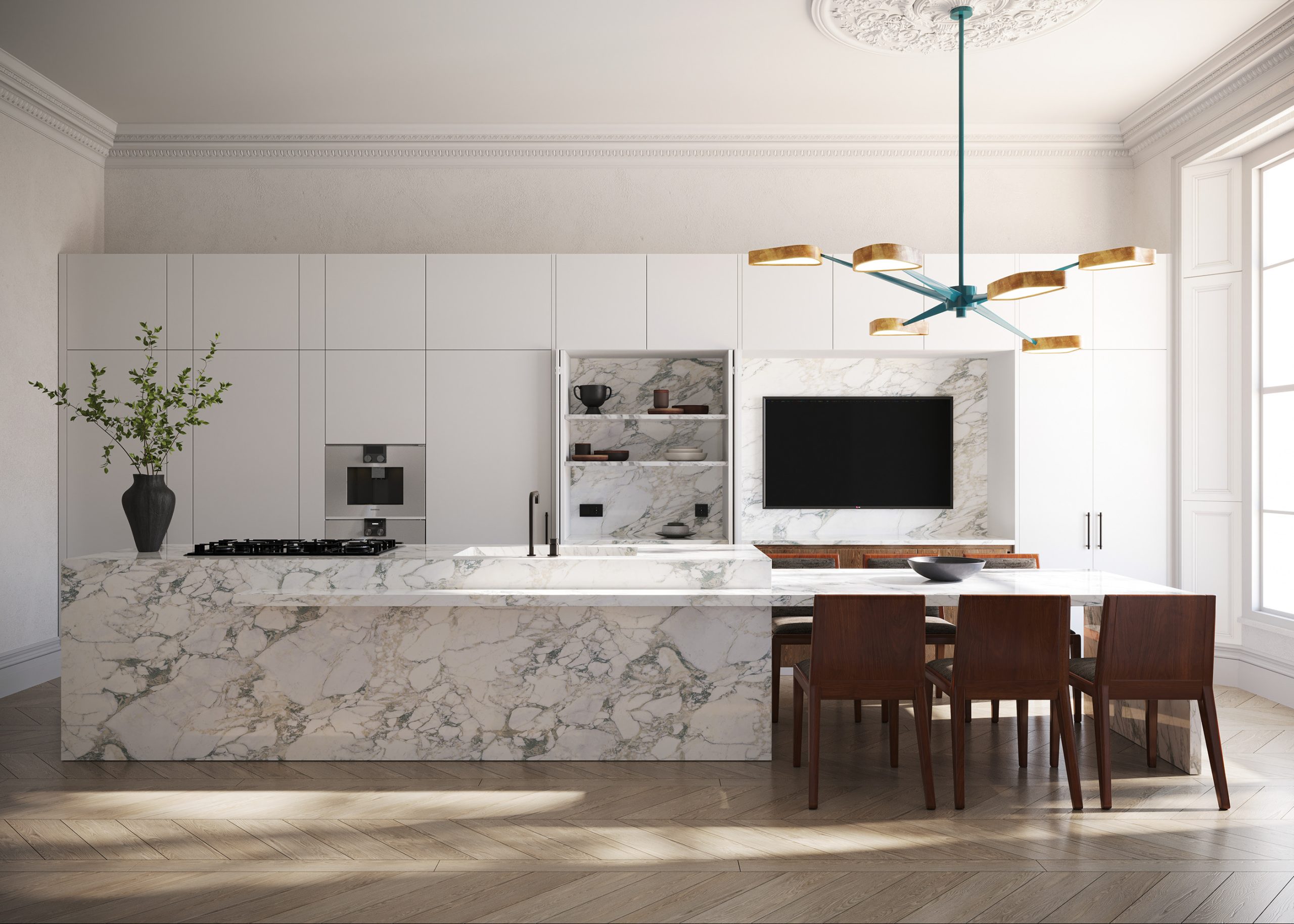 Deze luxe keuken is ontworpen door Nash Baker Architects, die op een stijlvolle manier een grote TV in het ontwerp heeft geïntegreerd. Er is een grote nis gecreëerd, tussen de keukenkasten, met marmeren achterwand, zodat het perfect past in het ontwerp.