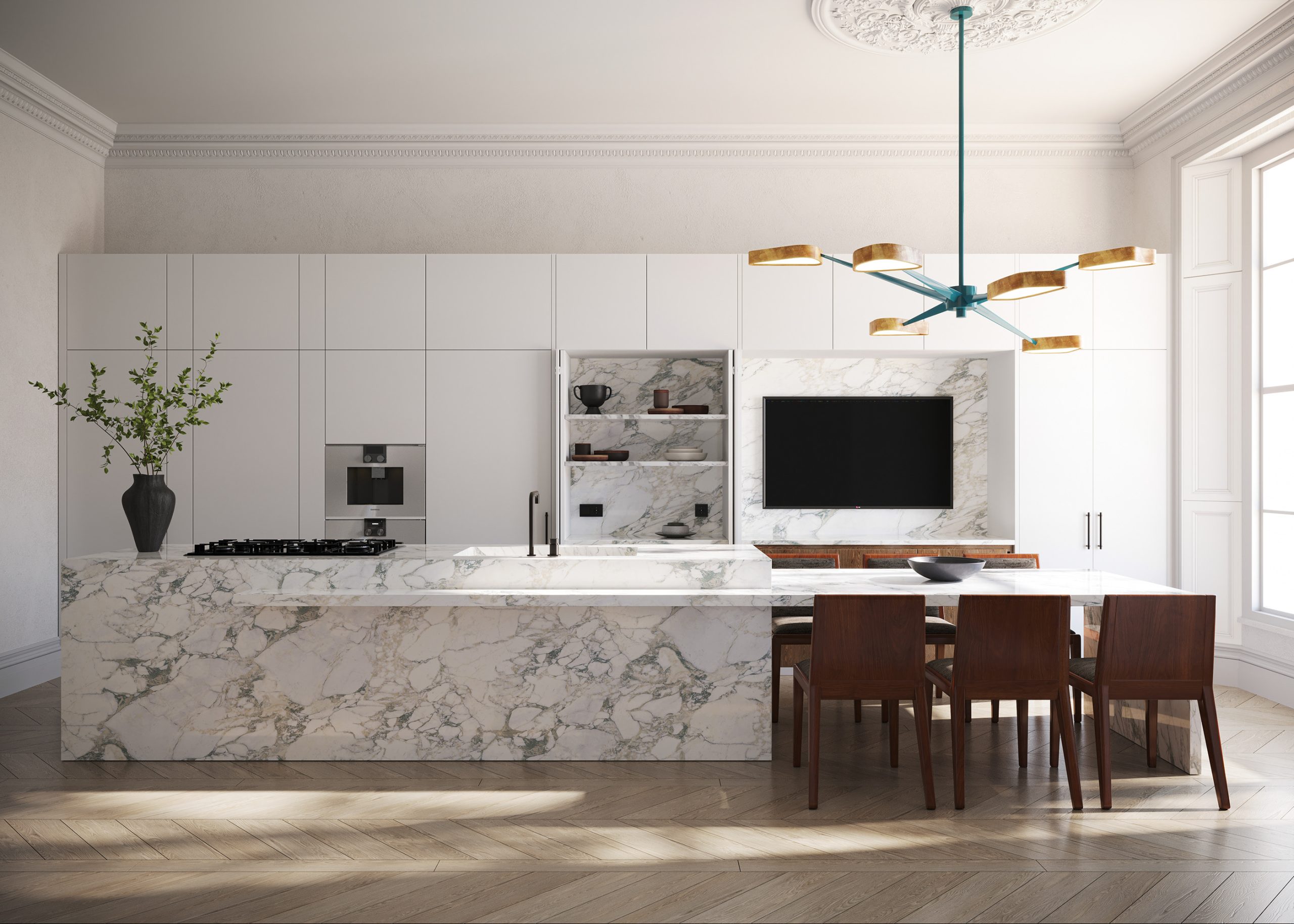 Deze luxe keuken is ontworpen door Nash Baker Architects, die op een stijlvolle manier een grote TV in het ontwerp heeft geïntegreerd. Er is een grote nis gecreëerd, tussen de keukenkasten, met marmeren achterwand, zodat het perfect past in het ontwerp. Deze luxe keuken is ontworpen door Nash Baker Architects, die op een stijlvolle manier een grote TV in het ontwerp heeft geïntegreerd. Er is een grote nis gecreëerd, tussen de keukenkasten, met marmeren achterwand, zodat het perfect past in het ontwerp.