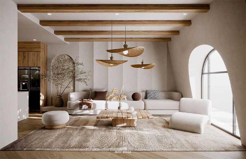 In dit mooie wabi sabi interieur combineert ontwerper Nguyen Quynh Anh lichte betonlook muren met een mooie houten vloer.