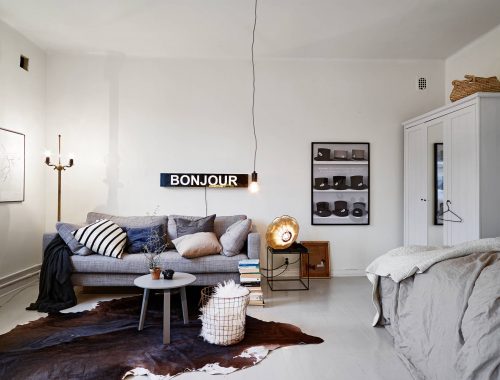 Woonkamer, slaapkamer en open keuken combinatie in klein appartement van 35m2